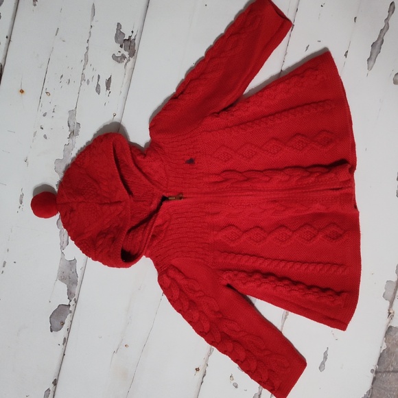 Ralph Lauren Other - Ralph Lauren Baby 9 Month Red Cable Knit Cotton Zip Jacket With Pompom Hood